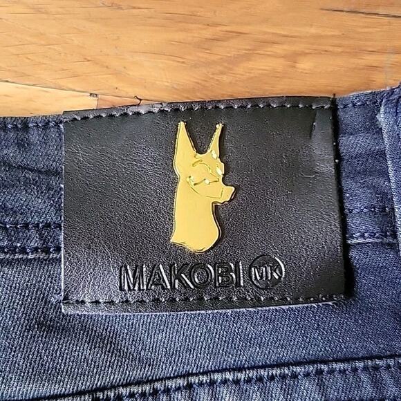 Makobi‎ Prado Biker Rip Repair Moto Jeans Blue Dark Wash Low Rise Straight Leg - Picture 5 of 11